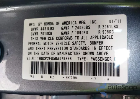 2011 Honda Accord 2.4 Ex-L z USA, uszkodzony, nr VIN 1HGCP2F85BA079858